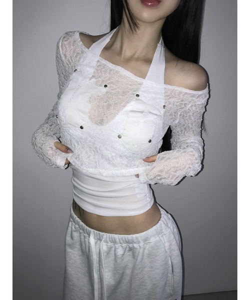 THEAIRTOWN(ジエアタウン)の「patch lace crop top(Tシャツ/カットソー・レディース・ピンク/ブラック/ホワイト・FREE)」の5枚目の写真