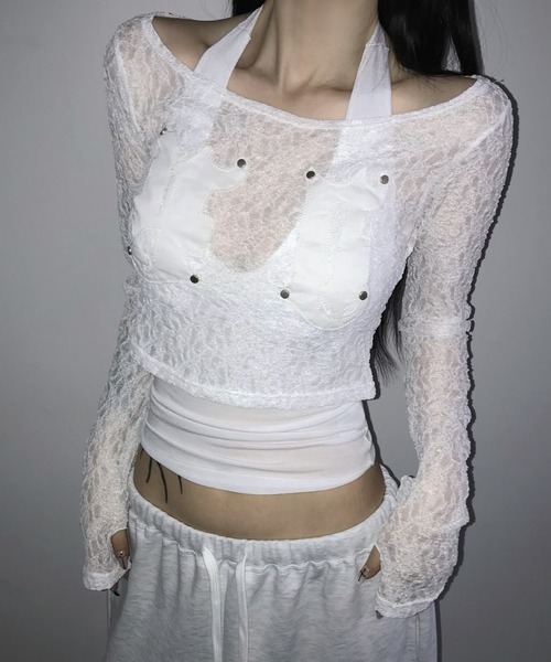 THEAIRTOWN(ジエアタウン)の「patch lace crop top(Tシャツ/カットソー・レディース・ピンク/ブラック/ホワイト・FREE)」の7枚目の写真