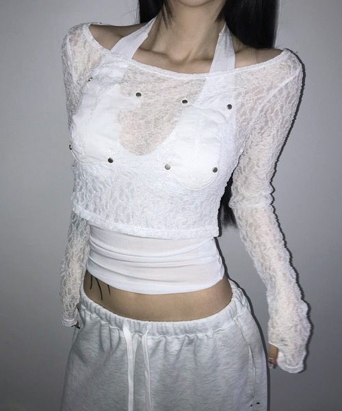 THEAIRTOWN(ジエアタウン)の「patch lace crop top(Tシャツ/カットソー・レディース・ピンク/ブラック/ホワイト・FREE)」の8枚目の写真