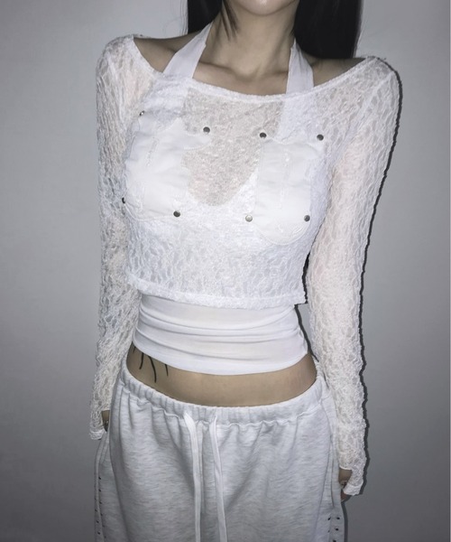 THEAIRTOWN(ジエアタウン)の「patch lace crop top(Tシャツ/カットソー・レディース・ピンク/ブラック/ホワイト・FREE)」の6枚目の写真