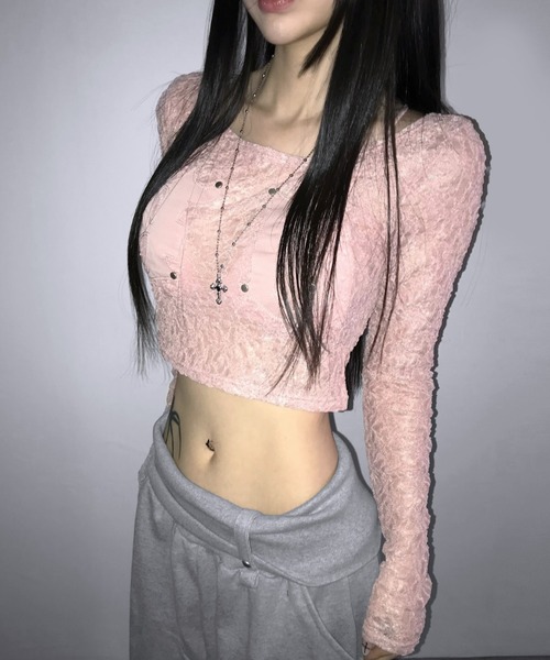 THEAIRTOWN(ジエアタウン)の「patch lace crop top(Tシャツ/カットソー・レディース・ピンク/ブラック/ホワイト・FREE)」の12枚目の写真