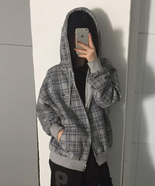 Tartan check overcoat — тартан‑чек пальто‑куртка с капюшоном