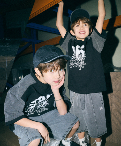 KIDS TAG JERSEY DENIM MIX SETUP - BLACK（セットアップ