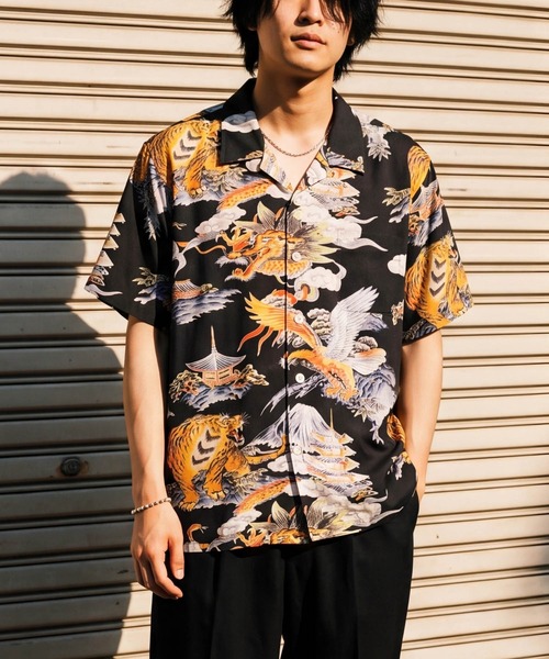 HOUSTON(ヒューストン)の「【UT207】【HOUSTON/ヒューストン】三つ巴 ALOHA SHIRT 41265(シャツ/ブラウス・メンズ・ブラック/サックスブルー・LARGE/MEDIUM)」の1枚目の写真