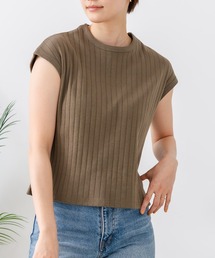 【C-FORT POINT/フォートポイント】華奢見え ワイドリブフレンチスリーブTシャツ 二の腕カバー 伸縮性 細見え オフィス 通勤 きれいめ 大人カジュアル