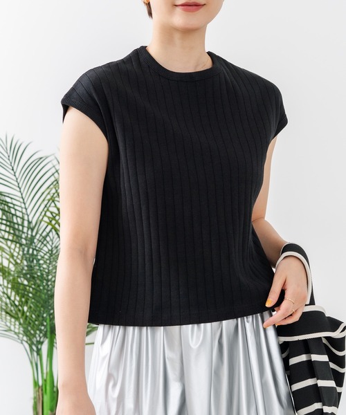 fort point(フォーポイント)の「【C-FORT POINT/フォートポイント】華奢見え ワイドリブフレンチスリーブTシャツ 二の腕カバー 伸縮性 細見え オフィス 通勤 きれいめ 大人カジュアル(Tシャツ/カットソー・レディース・ブラウン/オフホワイト/カーキ/ブラック・FREE)」の3枚目の写真