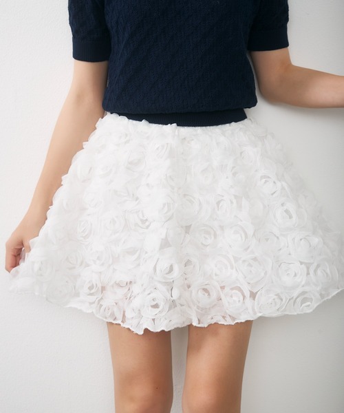 フラワーモチーフチュールミニスカート / flower motif tulle mini