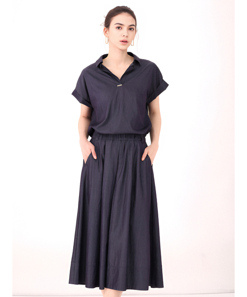 ACUD(アクド)の「Half Sleeve Glossy Set-up _Denim(ワンピース・レディース・ネイビー・FREE)」の2枚目の写真