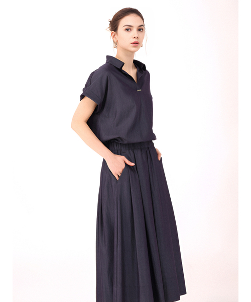 ACUD(アクド)の「Half Sleeve Glossy Set-up _Denim(ワンピース・レディース・ネイビー・FREE)」の3枚目の写真