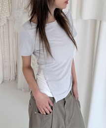 【レイヤード風】配色 オフショルダー 半袖 Tシャツ