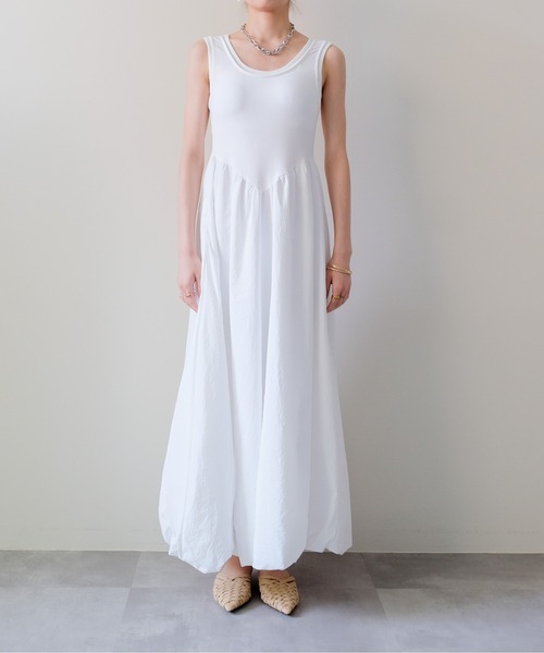 DOLLUPOOPS(ドールアップウップス)の「Padded Mixed-Media Maxi Dress(カップ付異素材ドッキングマキシワンピース)(ワンピース・レディース・オフホワイト/ブラック・FREE)」の4枚目の写真