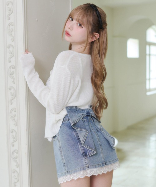 バッグリボン 裾レース デニムミニスカート(スカパン付き）（スカート
