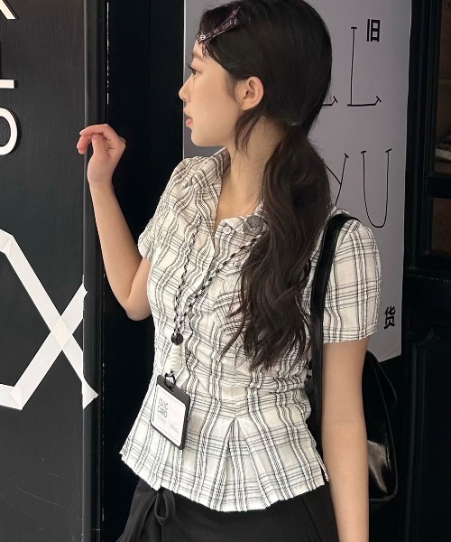 gossip!ロサンゼルス(ゴシップロサンゼルス)の「【Y2Kガーリー】 レトロチェックブラウス(Tシャツ/カットソー・レディース・ブルー/ブラック/チェック/ライトブルー・M)」の13枚目の写真