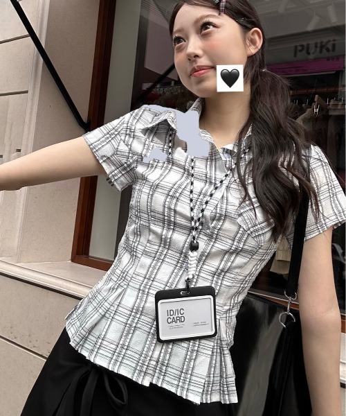 gossip!ロサンゼルス(ゴシップロサンゼルス)の「【Y2Kガーリー】 レトロチェックブラウス(Tシャツ/カットソー・レディース・ブルー/ブラック/チェック/ライトブルー・M)」の14枚目の写真