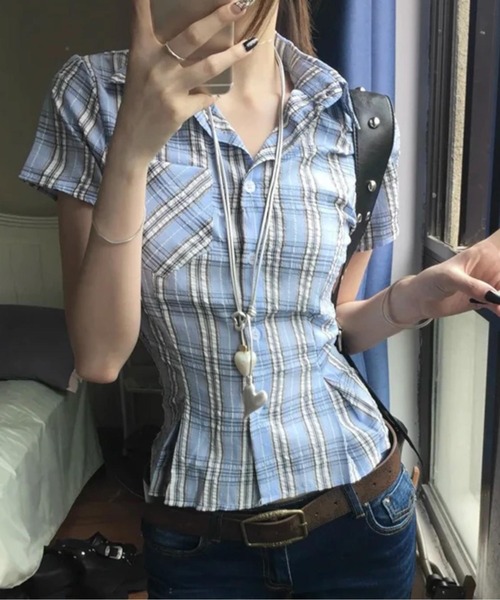 gossip!ロサンゼルス(ゴシップロサンゼルス)の「【Y2Kガーリー】 レトロチェックブラウス(Tシャツ/カットソー・レディース・ブルー/ブラック/チェック/ライトブルー・M)」の21枚目の写真