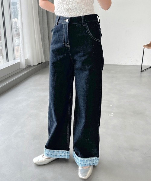 mul.(ムル)の「チェックリボンリブデニムパンツ(デニムパンツ・レディース・ブルー・FREE)」の2枚目の写真