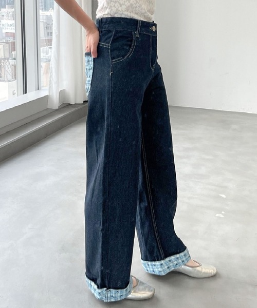 mul.(ムル)の「チェックリボンリブデニムパンツ(デニムパンツ・レディース・ブルー・FREE)」の3枚目の写真