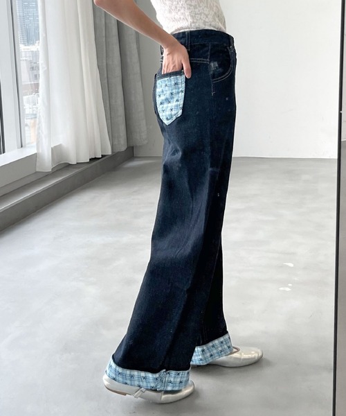mul.(ムル)の「チェックリボンリブデニムパンツ(デニムパンツ・レディース・ブルー・FREE)」の4枚目の写真