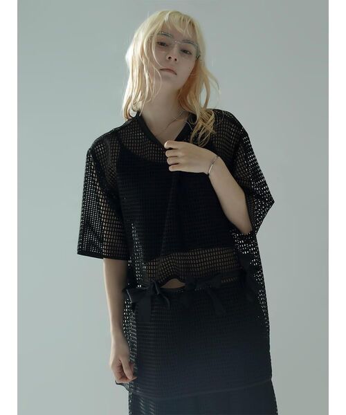:ETHROF(イーサオブ)の「MESH RIBBON BLOUSE(シャツ/ブラウス・レディース・ブラック/ホワイト・MEDIUM)」の7枚目の写真