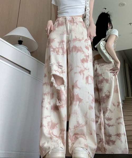CANVAS+（キャンバスプラス）の「【CANVAS＋】ピンクタイダイクラッシュワイドデニムパンツ（デニムパンツ・レディース・ホワイト系・L/S/M）」の5枚目の写真