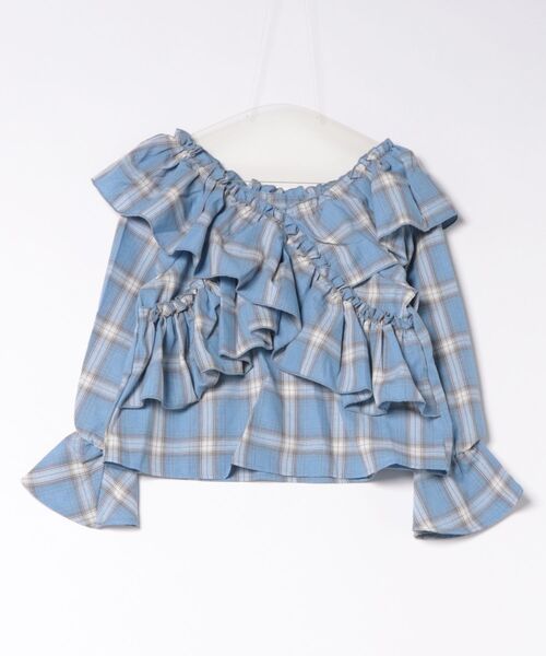styiro(スタイロ)の「チェック柄ラッフルフリルボリュームスリーブブラウス 26AW新作 秋服 冬服 紅葉 デート(シャツ/ブラウス・レディース・ブルー/ブラック・FREE)」の2枚目の写真