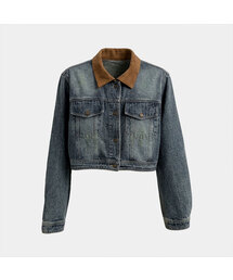 Vintage Washed Color-Blocked Collar Cropped Denim Jacket
