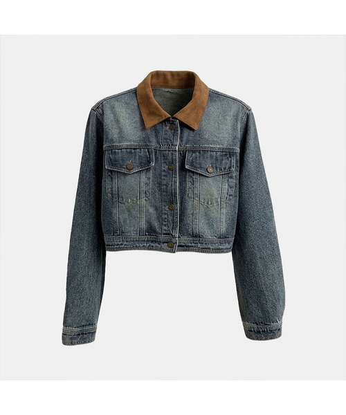 VASCARA(バスカラ)の「Vintage Washed Color-Blocked Collar Cropped Denim Jacket(デニムジャケット・レディース・ダークブルー・FREE)」の1枚目の写真