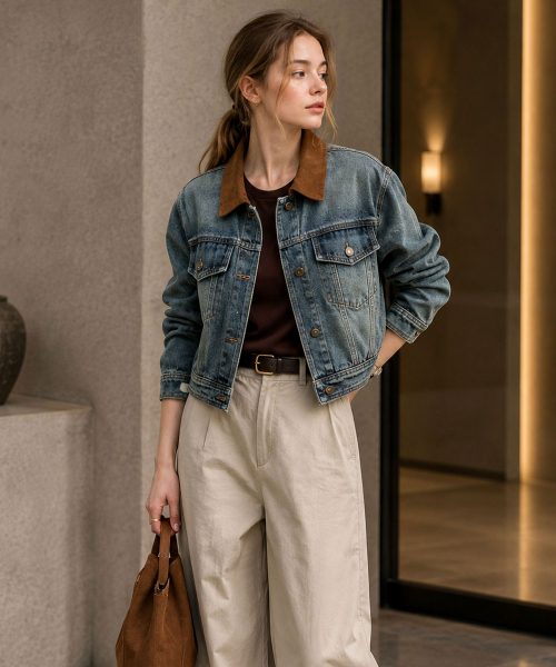 VASCARA(バスカラ)の「Vintage Washed Color-Blocked Collar Cropped Denim Jacket(デニムジャケット・レディース・ダークブルー・FREE)」の2枚目の写真