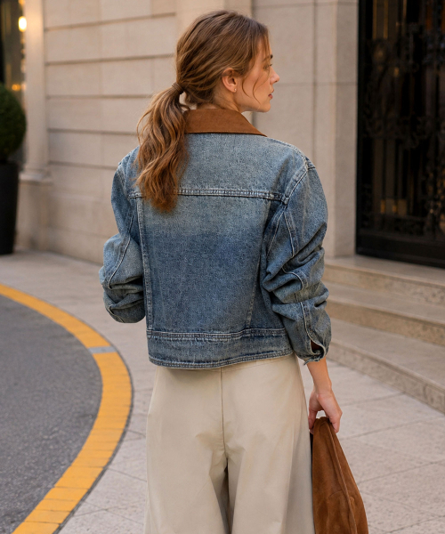 VASCARA(バスカラ)の「Vintage Washed Color-Blocked Collar Cropped Denim Jacket(デニムジャケット・レディース・ダークブルー・FREE)」の3枚目の写真