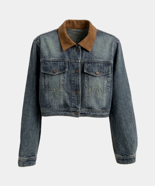 VASCARA(バスカラ)の「Vintage Washed Color-Blocked Collar Cropped Denim Jacket(デニムジャケット・レディース・ダークブルー・FREE)」の4枚目の写真