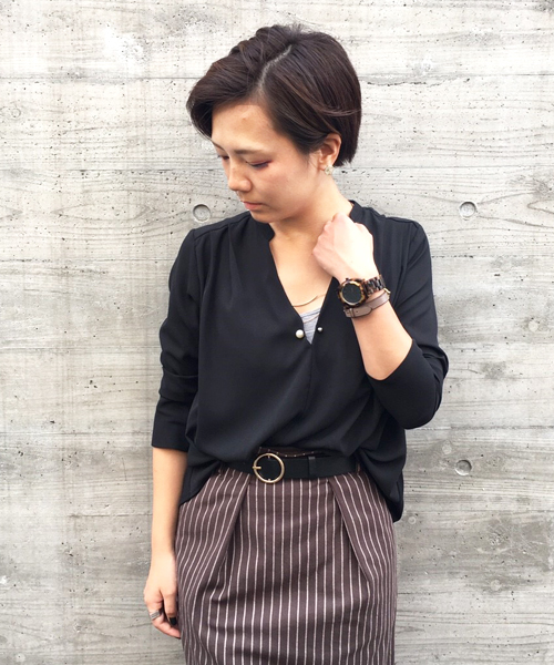 mysty woman（ミスティウーマン）の「ジョーゼット×ドッキングスキッパーシャツ（シャツ/ブラウス・レディース・ブラック/ブル－グレ－/ブラウン/オフホワイト・FREE）」の3枚目の写真