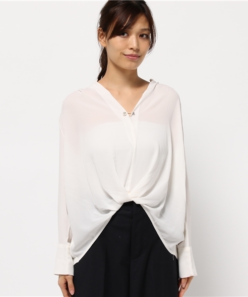 mysty woman（ミスティウーマン）の「ジョーゼット×ドッキングスキッパーシャツ（シャツ/ブラウス・レディース・ブラック/ブル－グレ－/ブラウン/オフホワイト・FREE）」の6枚目の写真