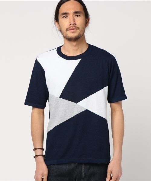 MIND BLOW（マインドブロウ）の「ハイゲージ鹿の子編みパネル切り替えニットTシャツ（ニット/セーター・メンズ・ホワイト/ネイビー/ブラック・M/L）」の3枚目の写真