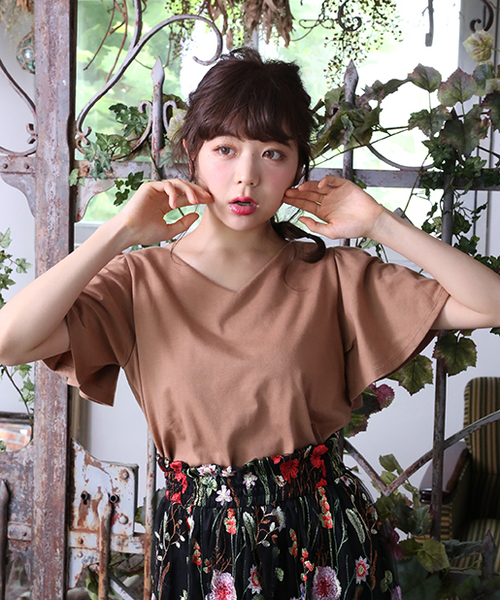 one after another NICE CLAUP（ワンアフターアナザーナイスクラップ）の「フレアスリーブTシャツ（Tシャツ/カットソー・レディース・ピンク/キャメル/ボルドー/アイボリー/ブラック・FREE）」の3枚目の写真