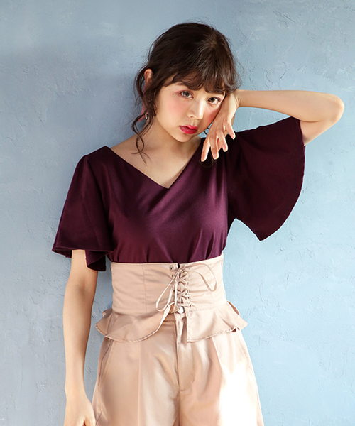 one after another NICE CLAUP（ワンアフターアナザーナイスクラップ）の「フレアスリーブTシャツ（Tシャツ/カットソー・レディース・ピンク/キャメル/ボルドー/アイボリー/ブラック・FREE）」の5枚目の写真