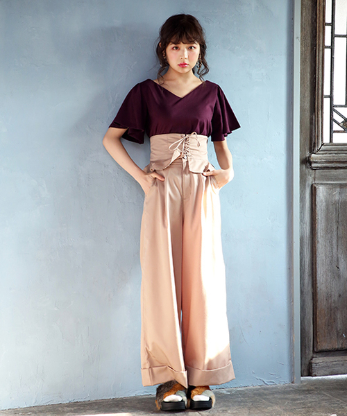 one after another NICE CLAUP（ワンアフターアナザーナイスクラップ）の「フレアスリーブTシャツ（Tシャツ/カットソー・レディース・ピンク/キャメル/ボルドー/アイボリー/ブラック・FREE）」の14枚目の写真