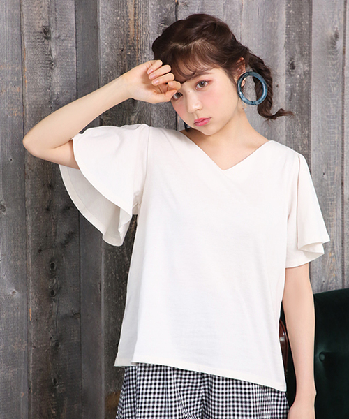 one after another NICE CLAUP（ワンアフターアナザーナイスクラップ）の「フレアスリーブTシャツ（Tシャツ/カットソー・レディース・ピンク/キャメル/ボルドー/アイボリー/ブラック・FREE）」の8枚目の写真