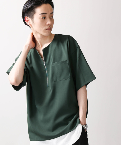 WEGO(ウィゴー)の「WEGO/ストレッチハーフZIPビッグシルエットプルオーバーシャツ(シャツ/ブラウス・メンズ・ブラック/グリーン・LARGE/MEDIUM)」の2枚目の写真