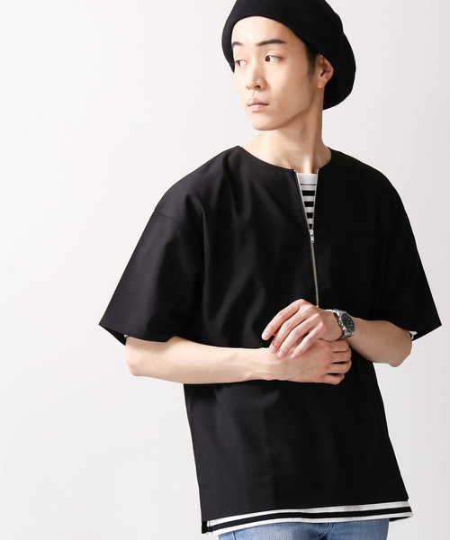 WEGO(ウィゴー)の「WEGO/ストレッチハーフZIPビッグシルエットプルオーバーシャツ(シャツ/ブラウス・メンズ・ブラック/グリーン・LARGE/MEDIUM)」の1枚目の写真