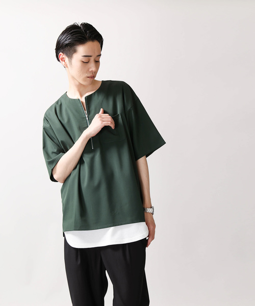 WEGO(ウィゴー)の「WEGO/ストレッチハーフZIPビッグシルエットプルオーバーシャツ(シャツ/ブラウス・メンズ・ブラック/グリーン・LARGE/MEDIUM)」の11枚目の写真