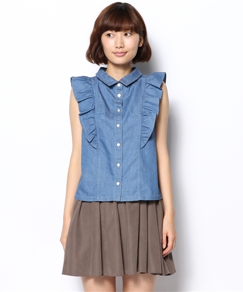 Khaju（カージュ）の「Khaju:デニムフリルブラウス（シャツ/ブラウス・レディース・ネイビー/ライトブルー・ONE SIZE）」の3枚目の写真