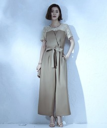 結婚式パーティードレスレース切替ビスチェライクオールインワンパンツスーツ大きいサイズフォーマル 美脚効果