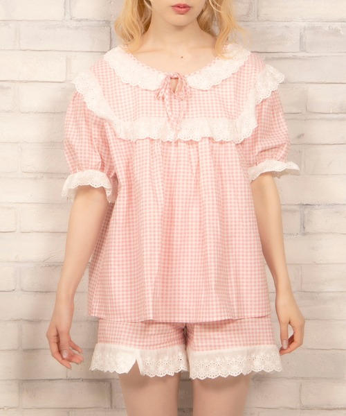 WC（ダブル シー）の「WC/ギンガムフリルルームウェア（ルームウェア/パジャマ・レディース・サックスブルー/ライトピンク・FREE）」の10枚目の写真