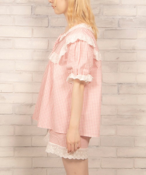 WC（ダブル シー）の「WC/ギンガムフリルルームウェア（ルームウェア/パジャマ・レディース・サックスブルー/ライトピンク・FREE）」の11枚目の写真