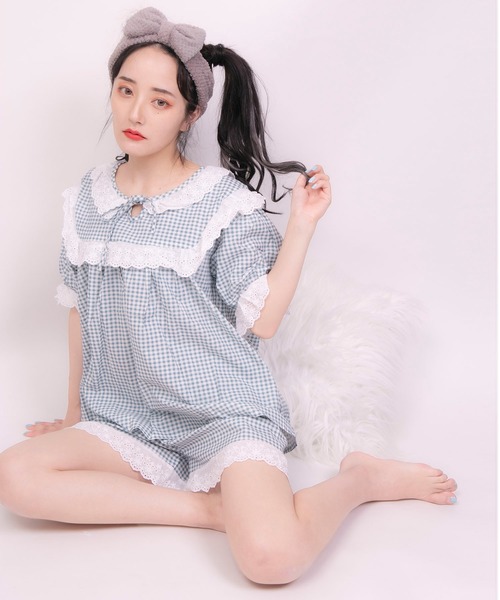 WC（ダブル シー）の「WC/ギンガムフリルルームウェア（ルームウェア/パジャマ・レディース・サックスブルー/ライトピンク・FREE）」の5枚目の写真