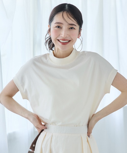 coca(coca)(コカ)の「\新色追加/フレンチスリーブモックネックTシャツ COTTON from the US(Tシャツ/カットソー・レディース・ホワイト/ブラック/ライトピンク/チャコールグレー/グレイッシュベージュ/ダークブルー/イエロー/ダークベージュ/ダークグリーン/グリーン/パープル/アイボリー・M/L)」の14枚目の写真