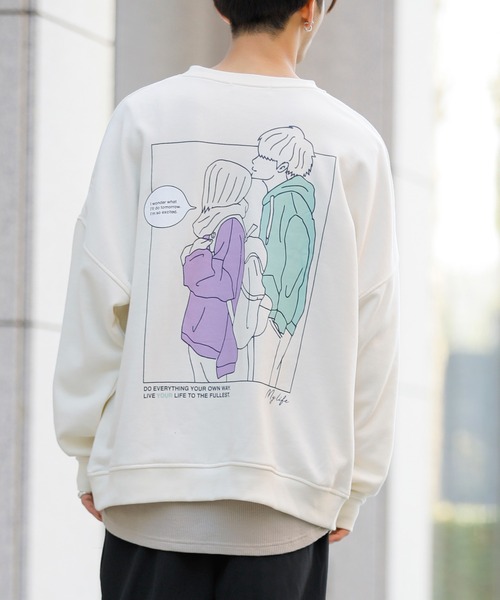 Beno(ビーノ)の「ライト裏毛 POP イラスト プリント ビッグシルエット トレーナー 【MY LIFE】(スウェット・メンズ・ミント/ブラック/グレイッシュブルー/オフホワイト/グレイッシュベージュ・L/M)」の2枚目の写真