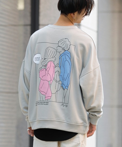 Beno(ビーノ)の「ライト裏毛 POP イラスト プリント ビッグシルエット トレーナー 【MY LIFE】(スウェット・メンズ・ミント/ブラック/グレイッシュブルー/オフホワイト/グレイッシュベージュ・L/M)」の1枚目の写真