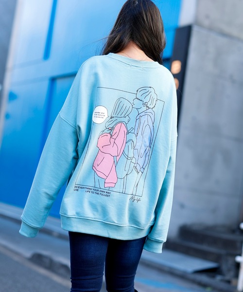 Beno(ビーノ)の「ライト裏毛 POP イラスト プリント ビッグシルエット トレーナー 【MY LIFE】(スウェット・メンズ・ミント/ブラック/グレイッシュブルー/オフホワイト/グレイッシュベージュ・L/M)」の4枚目の写真