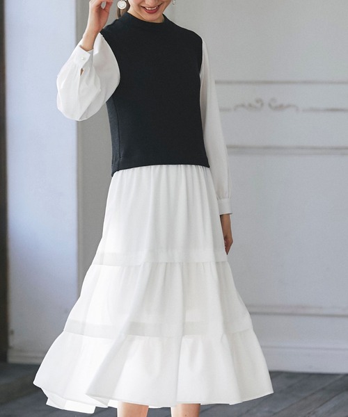 セール ジョーゼット ニットソードッキングティアードワンピース ワンピース Tocco Closet トッコ クローゼット のファッション通販 Zozotown